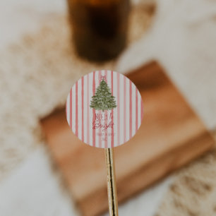 Retro Merry & Bright Red Streifen Weihnachtsbaum Runder Aufkleber