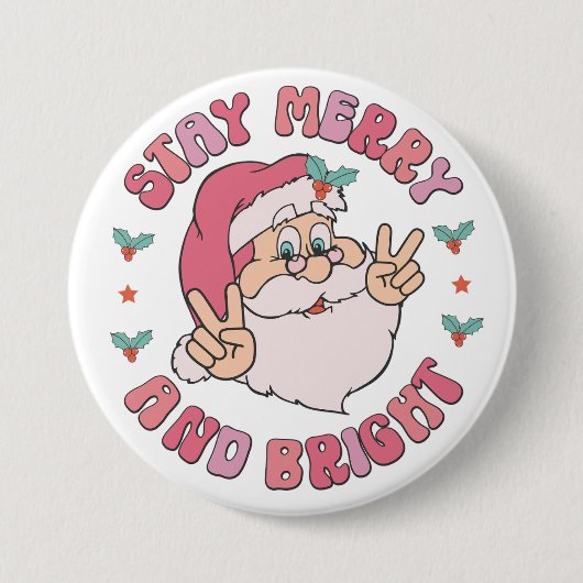 Retro Merry & Bright Santa Button (Vorderseite)