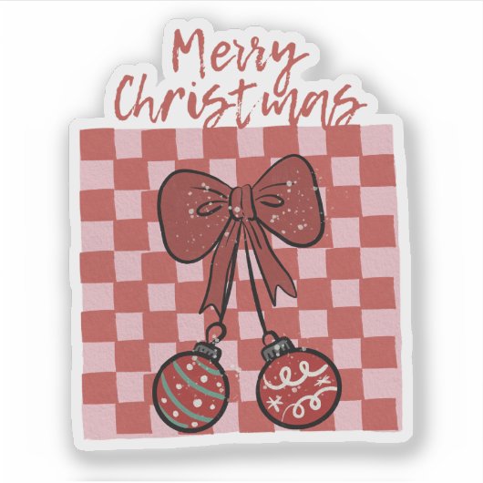 Retro Merry Christmas Bow and Ornaments Design Aufkleber (Vorderseite)