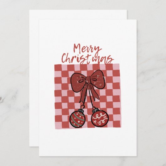 Retro Merry Christmas Bow and Ornaments Design Einladung (Vorne/Hinten)