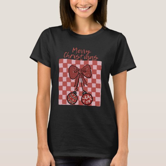 Retro Merry Christmas Bow and Ornaments Design T-Shirt (Vorderseite)