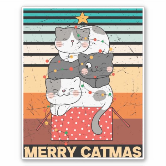Retro Merry Christmas Cat Vinyl Sticker (Vorderseite)