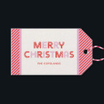 Retro Merry Christmas Custom Gift Tags Geschenkanhänger<br><div class="desc">Ein doppelseitiges Retro-Design,  das Mitte des Jahrhunderts in modernem Stil mit rosa und roten kantigen Streifen gestaltet wurde. Dieses Design kann mit Ihrem Familiennamen oder einer benutzerdefinierten Nachricht personalisiert werden.</div>