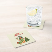 Retro Merry Christmas Pin-Up Paper Coaster Rechteckiger Pappuntersetzer (Vor Ort)