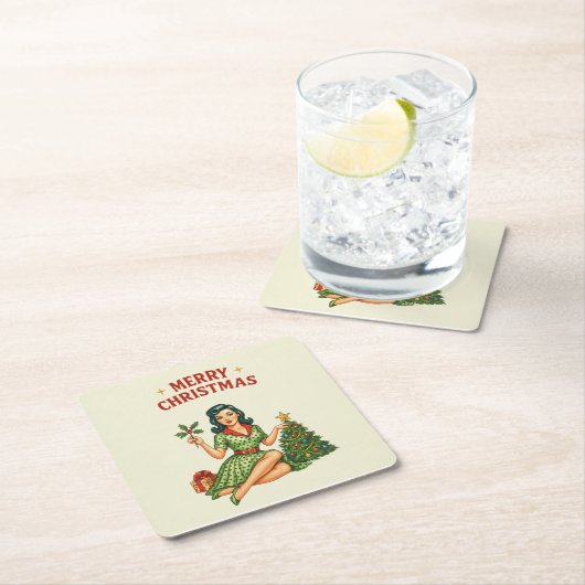 Retro Merry Christmas Pin-Up Paper Coaster Rechteckiger Pappuntersetzer (Vor Ort)