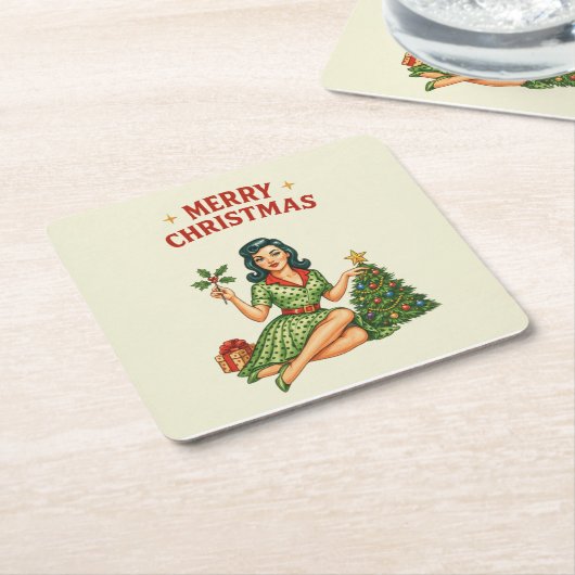 Retro Merry Christmas Pin-Up Paper Coaster Rechteckiger Pappuntersetzer (angewinkelt)