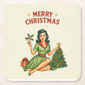 Retro Merry Christmas Pin-Up Paper Coaster Rechteckiger Pappuntersetzer (Vorderseite)