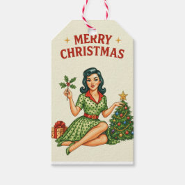 Retro Merry Christmas Pin-Up Paper Gift Tag Geschenkanhänger