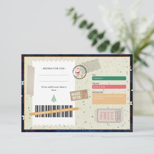 Retro Merry Christmas Script Xmas Gift Coupon (Stehend Vorderseite)