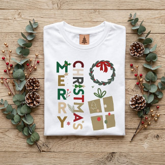 Retro Merry Christmas Typographic Wreath and Gift Tri-Blend Shirt