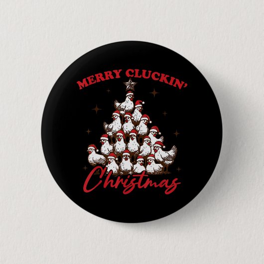 Retro Merry Cluckin Weihnachtsbaumfarm an Button (Vorderseite)