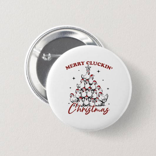 Retro Merry Cluckin Weihnachtsbaumfarm an Button (Vorne & Hinten)