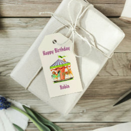 Retro Merry-Go-Round Child Name Happy Birthday Geschenkanhänger