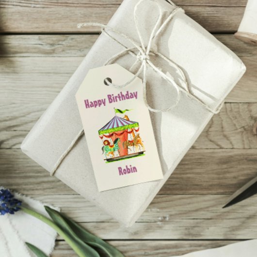 Retro Merry-Go-Round Child Name Happy Birthday Geschenkanhänger