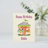 Retro Merry-Go-Round Child Name Happy Birthday Postkarte (Stehend Vorderseite)