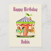 Retro Merry-Go-Round Child Name Happy Birthday Postkarte (Vorderseite)