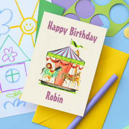 Retro Merry-Go-Round Child Name Happy Birthday Postkarte