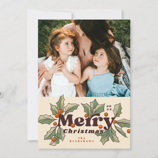 Retro Merry Holly Foto Feiertagskarte (Vorderseite)