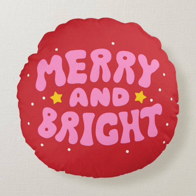 Retro Merry und Bright Holiday Design Rundes Kissen (Vorderseite)
