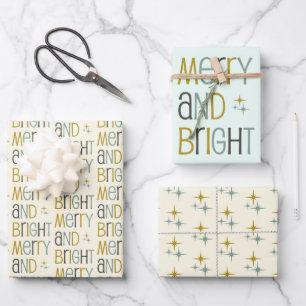 Retro Merry und Bright Midjahrhundert Moderne Weih Geschenkpapier Set