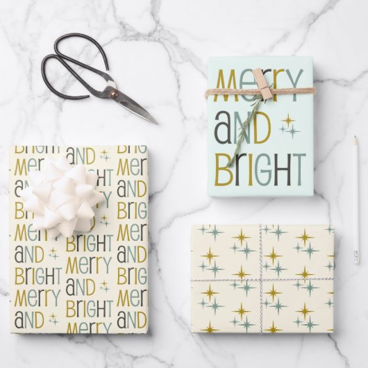 Retro Merry und Bright Midjahrhundert Moderne Weih Geschenkpapier Set (Vorderseite)