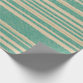Retro Mesh Streifen in Türkis und Olive auf Beige Geschenkpapier (Ecke)
