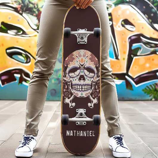 Retro Mexican Sugar Skull Individuelle Name Skateboard