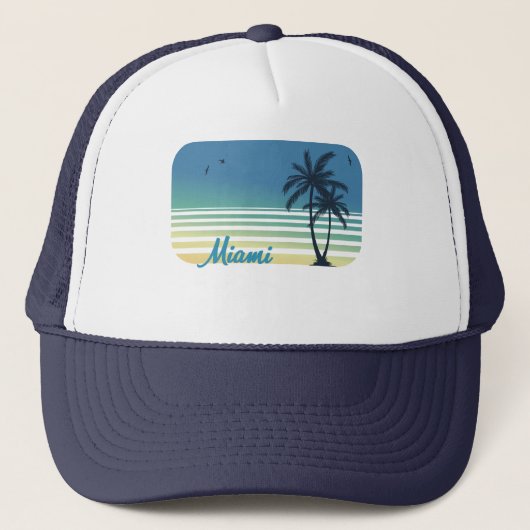 Retro Miami Beach Palm Tree Party Sunset Souvenir Truckerkappe (Vorderseite)