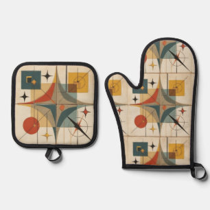 Retro-Mid-Century-Atom-Geometrisches Muster Ofenhandschuh & Topflappen-Set