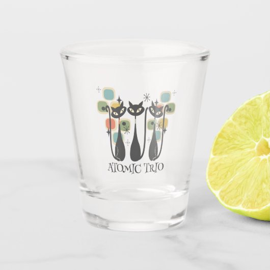 Retro Mid Century Black Atomic Cats MCM Schnapsglas (Vorderseite)