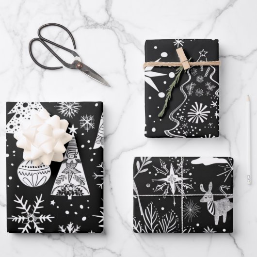 Retro Mid-Century Black & White Ornament Pattern Geschenkpapier Set (Vorderseite)