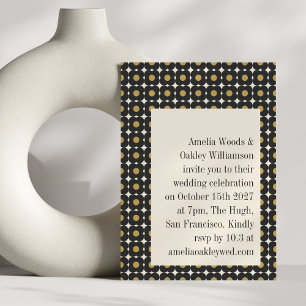 Retro Mid Century Bold Black Gold Floral Wedding Einladung