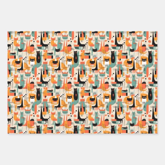 Retro Mid Century Cat Illustration Geschenkpapier Set (Vorderseite)