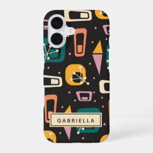 Retro Mid Century Mod Atomar Schwarzes Personalisi iPhone 16 Hülle