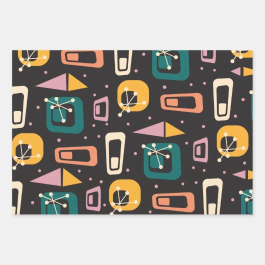Retro Mid Century Mod Atomspace Age Black Geschenkpapier Set (Vorderseite 3)
