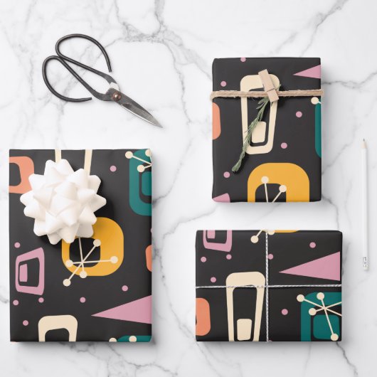 Retro Mid Century Mod Atomspace Age Black Geschenkpapier Set (Vorderseite)