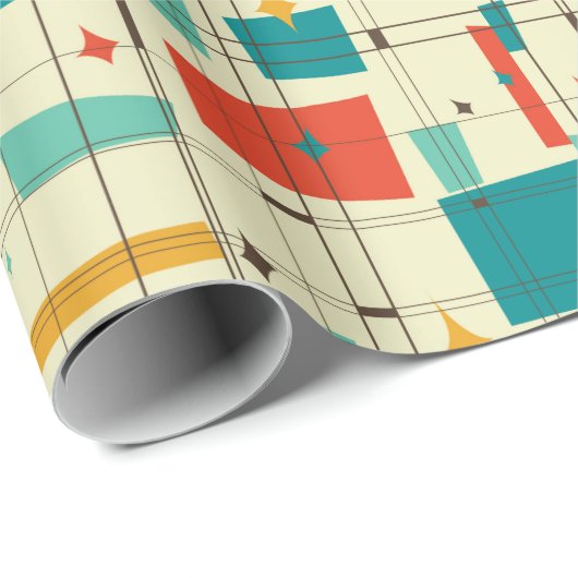 Retro Mid Century Mod Atomzeitalter Aquamarin Red Geschenkpapier (Rolleneckpunkt)