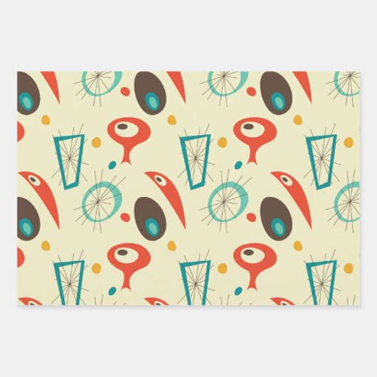 Retro Mid Century Mod Atomzeitalter Aquamarin Red Geschenkpapier Set (Vorderseite 2)