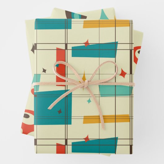 Retro Mid Century Mod Atomzeitalter Aquamarin Red Geschenkpapier Set (Beispiel)