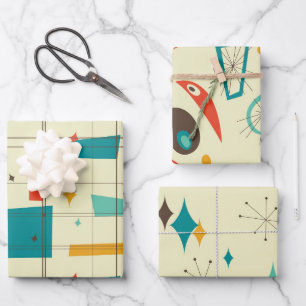 Retro Mid Century Mod Atomzeitalter Aquamarin Red Geschenkpapier Set