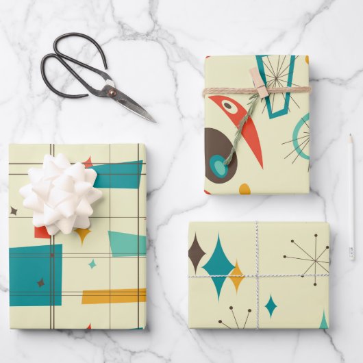Retro Mid Century Mod Atomzeitalter Aquamarin Red Geschenkpapier Set (Vorderseite)