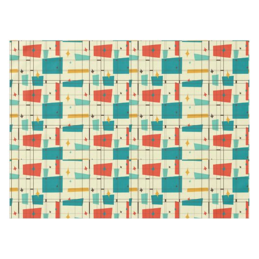 Retro Mid Century Mod Atomzeitalter Aquamarin Red Tischdecke (Vorderseite (Horizontal))