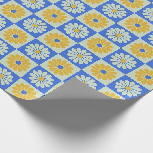 Retro Mid Century Mod Blume in Blau und Gelb Geschenkpapier (Ecke)