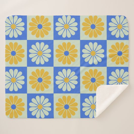 Retro Mid Century Mod Blume in Blau und Gelb Sherpadecke (Vorderseite (Horizontal))
