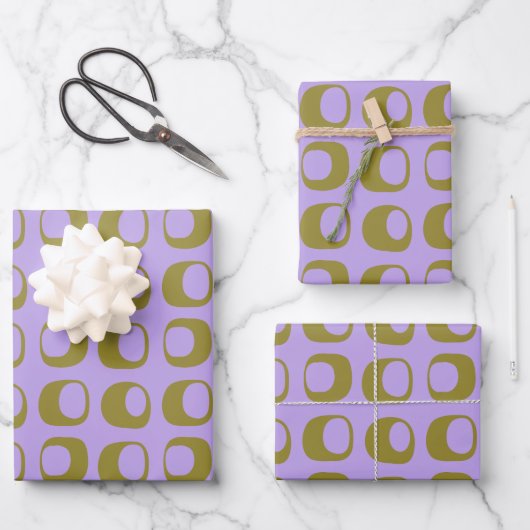 Retro Mid Century Mod Pattern Olive and Lavender Geschenkpapier Set (Vorderseite)