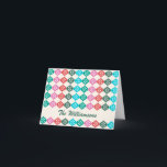 Retro Mid Mod Atomic Pattern farbenfroh Personalis Feiertagskarte<br><div class="desc">Retro Vintager Stil Mitte des Jahrhunderts moderne atomare Muster in grün,  rot und rosa,  personalisiert mit Ihrem Namen.</div>
