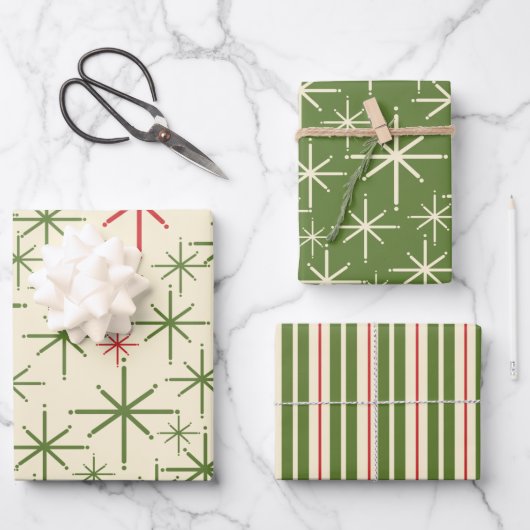 Retro Mid Mod Weihnachten Muster Olive Red Cream Geschenkpapier Set (Vorderseite)
