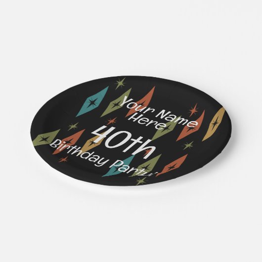 Retro Midjahrhundert Custom Geburtstag Pappteller (Schrägansicht)