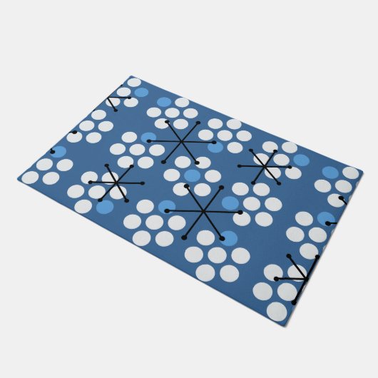 Retro Midjahrhundert MCM Dots Blue Fußmatte (Schrägansicht)