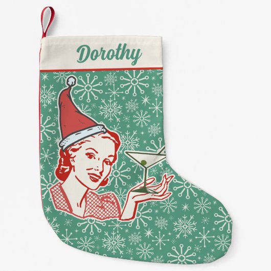 Retro Midjahrhundert Moderne Frau Martini Glas Cus Kleiner Weihnachtsstrumpf (Vorderseite)